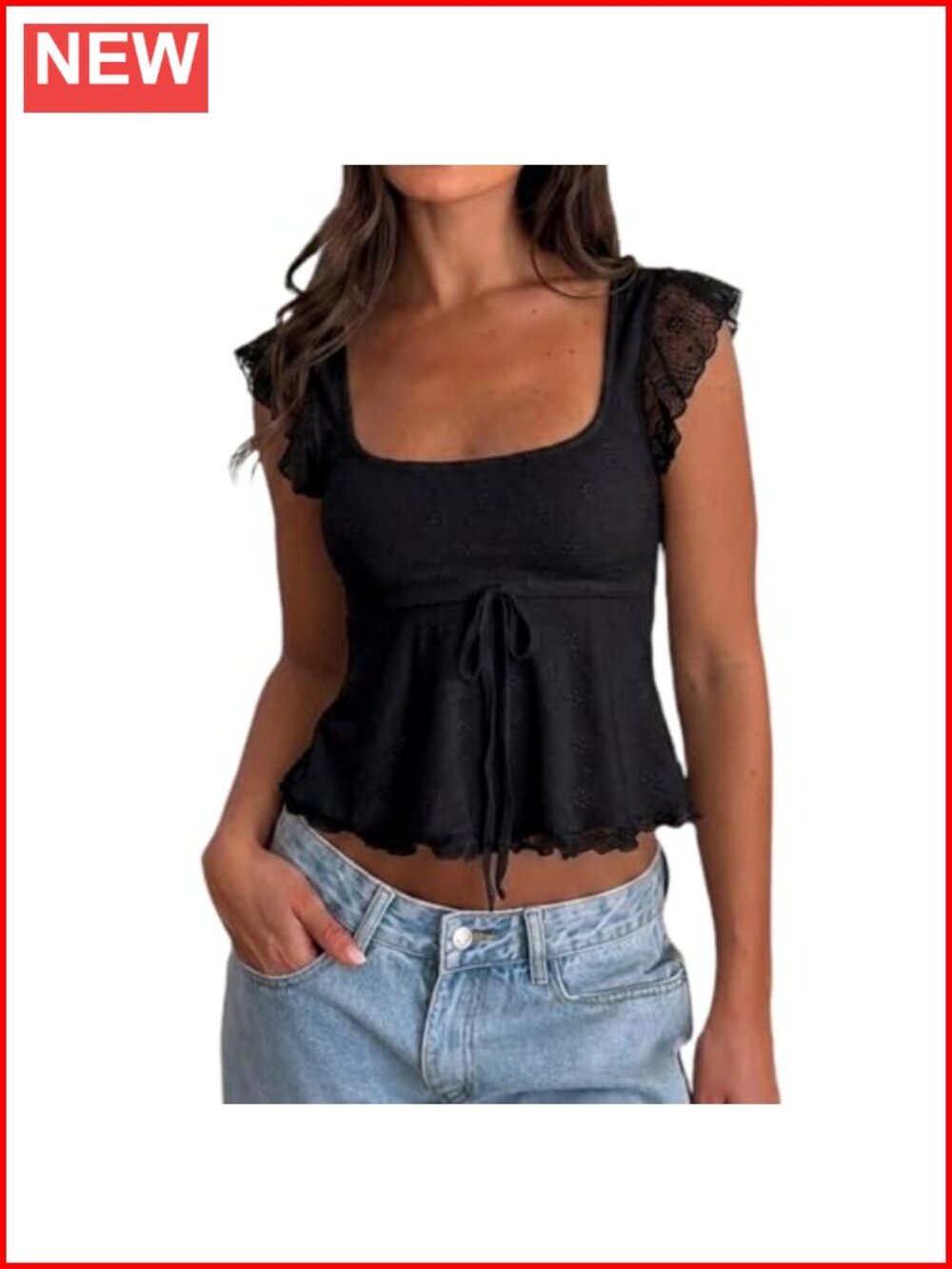 Y2K Square Neck Babydoll Tank Top Cap Sleeve Ruffle Lettuce Trim